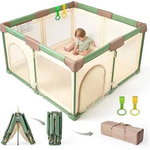 Tinyiota Foldable Baby Playpen, 50x50 Inch Portable Play Yard for Babies and Toddlers with Soft Breathable Mesh, Storage Bag & 2 Pull-Toy Handles for Indoor & Outdoor (Green, 50x50)