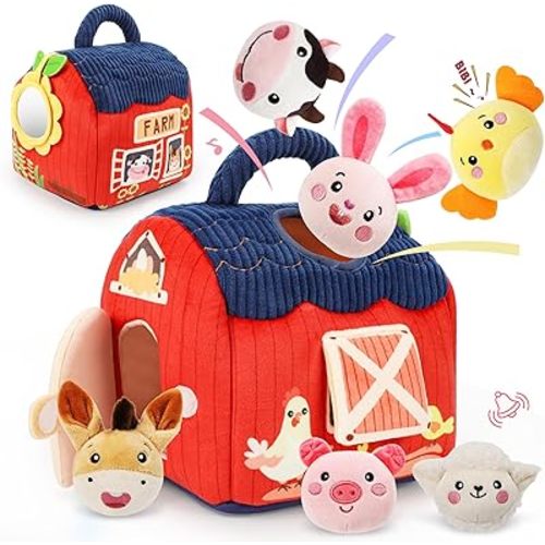 Baby Toys 6-12 Months - Soft Plush Surprise Barn Stuffed Farm Animals, Rattle, Crinkle, Mirror, Montessori Toys for Babies Sensory Toys for Toddlers 1-3, Baby Stocking Stuffers