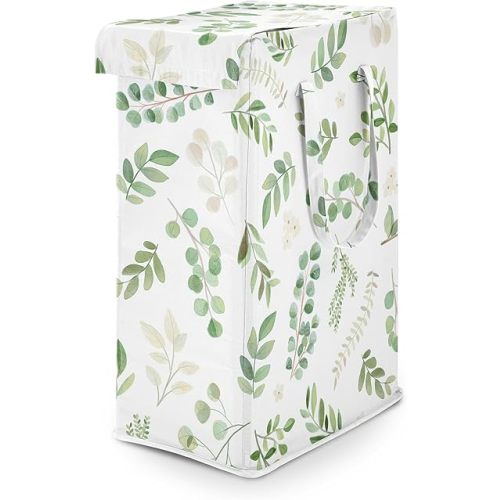 Sweet Jojo Designs Green Boho Floral Leaf Boy Girl Gender Neutral Laundry Hamper Foldable Dirty Clothes Basket with Handles Baby Nursery Kids Bedroom Teen Bathroom White Bohemian Watercolor Botanical