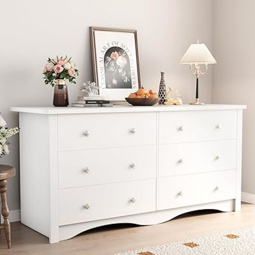 Shahoo White Dresser for Bedroom with 6 Drawers, 47.2" Wide Chest Storage Organizer and TV Stand for Living Room, Closet, Hallway, Dormitory