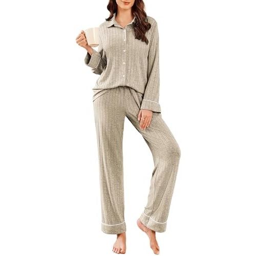 Ekouaer Womens Pajama Sets Long Sleeve Ribbed Knit Lounge Set Button Down Soft 2 Piece Pjs With Pockets