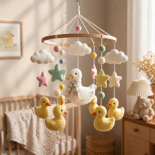 Cute Duck Family Baby Mobile, Fantasy Nursery Hanging Toy, Wooden Arm Decor,  Handmade Baby Crib Mobile, Baby Shower Gift, Newborn Gift