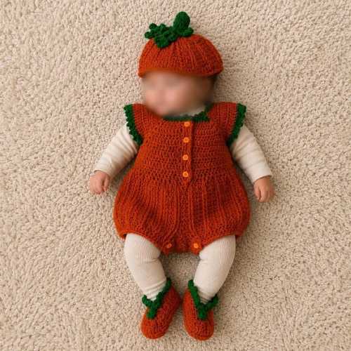 Handmade Pumpkin Baby Outfit – Crochet Romper, Hat & Booties Set – Personalized Baby Girl Gift