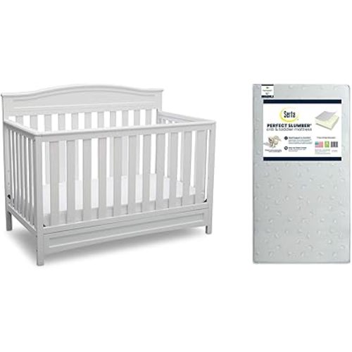 Delta Children Emery 4-in-1 Crib, White + Serta Perfect Slumber Dual Sided Recycled Fiber Core Crib and Toddler Mattress (Bundle)