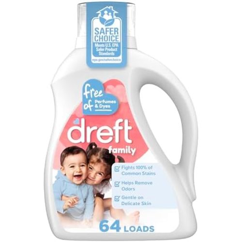 Dreft Family Liquid Laundry Detergent, Unscented Gentle on Sensitive Skin Laundry Soap, 84 fl oz, 64 Loads (Packaging May Vary)