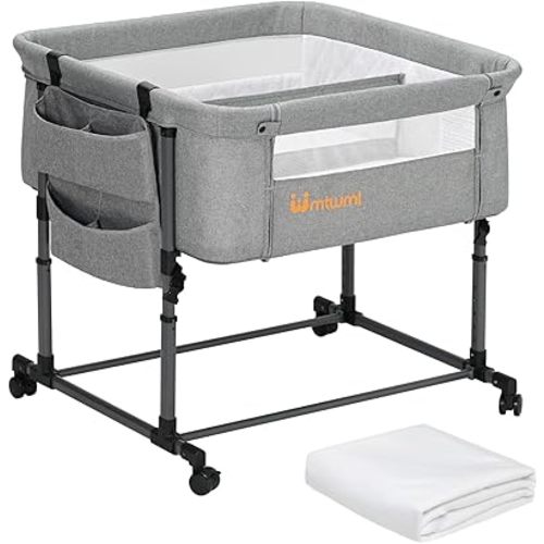 MTWML Twin Bassinet for 2 Babies, Portable Twins Crib with Storage Bag and Replaceable Mattress Cover, Adjustable Height Double Bedside Crib Attaches to Bed with Strap for 0-6 Months, Light Grey