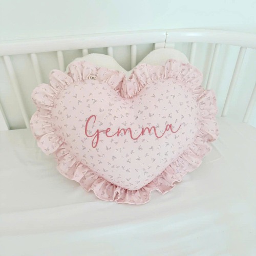 Handmade Linen Heart Pillow with Ruffles, Personalized Baby Name Cushion, Nursery Decor, Baby Shower Gift