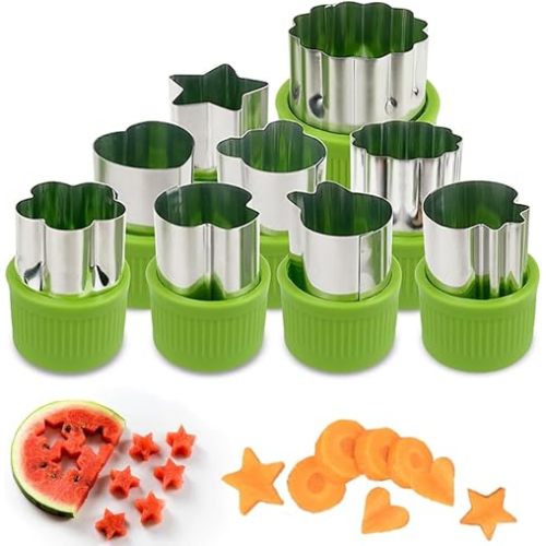 Fruit and Vegetable Cutter Stamp Set 9 Pieces - Love Heart, Star, Flower, Rabbit, Bear, Strawberry, Lace, Mushroom Shapes - Green Mini Pie Cookie Biscuit Mold for Baking