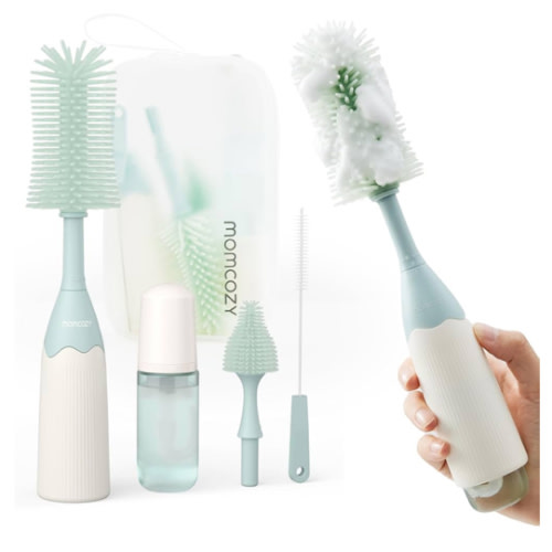 Momcozy Bottle Brush Kit, Innovative Push-Press Design for Better Cleaning - Baby Bottle Cleaner Brush for Baby Bottle, Breast Pumps, Nipples, and More - Can Generate Foam for Better Cleaning, Green