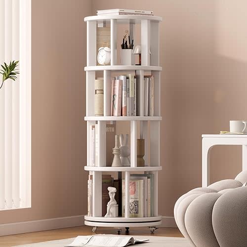 Solid Wood Rotating Bookshelf on Wheels, 4 Tier, Round Revolving Bookcase, 360° Spinning Book Shelf Tower for Kids, Narrow Rolling Bookshelves for Small Space, Corner, Bedroom, Office, White