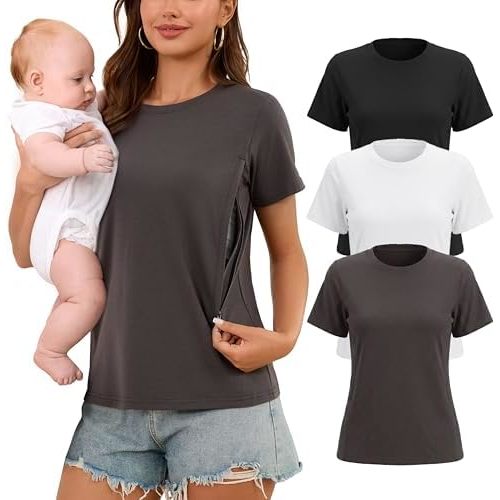 Ecavus One-Handed Zipper Nursing Shirts for Breastfeeding - 3 Pack Women's Short Sleeve Nursing Tops Round Neck Maternity Top