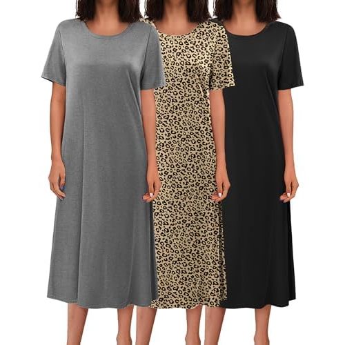 Ekouaer 3 Pack Long Nightgowns for Women Full Length Short Sleeve Nightshirt Soft Plus Size Sleepwear Casual Loungwear
