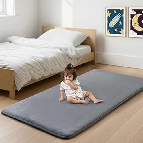 1.3" Thick Baby Bedside Floor Mat for Bedroom, Basic Padded Foam Soft Plush 28x72 Runner Rug with Non Slip Cushioned for Nursery Playroom (Dark Grey)