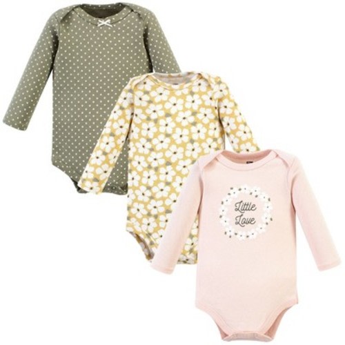 Hudson Baby Infant Girls Cotton Long-Sleeve Bodysuits, Sage Floral Wreath 3 Pack, 0-3 Months