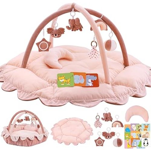 5-in-1 Plush Baby Play Gym, Activity Mat with Convertible Gym and Pillow, 6 Sensory Toys, Play Center from Newborn to Toddler, Pink