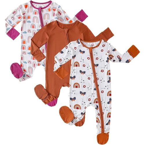 OPAWO Bamboo Sleepers for Baby Girl Pajamas Newborn Footie Pajamas 3 Pack | 2 way zipper sleepers, baby long sleeve onesies with mitten cuffs, anti-slip grips, gentle on skin, ultra soft and breathable