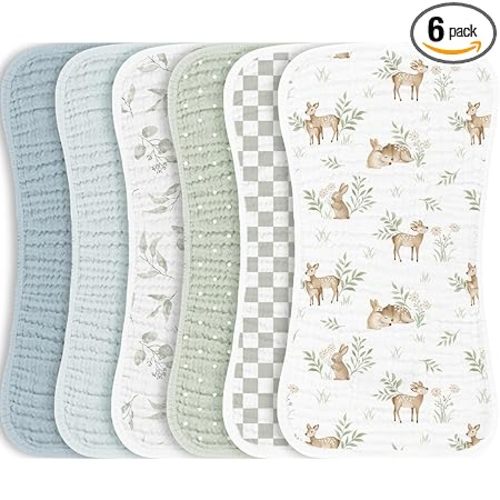 Konssy Muslin Baby Burp Cloths Sets for Unisex- 6 Pack Large 100% Cotton Burping Clothes for Newborn, Baby Girls and Boys