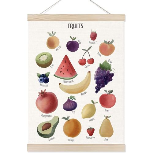 Koesus Fruit Food Wall Art Poster Hanger Frame 12x16 Inch, Educational Learning Canvas Pictures Prints Framed Wall Decor for Classroom Toddler Kids Room Nursery Preschool Kitchen