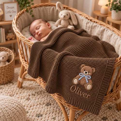 Personalized Teddy Bear Baby Blanket, Custom Name Embroidered Knit Blanket, Baby Boy Nursery Gift, Newborn Keepsake