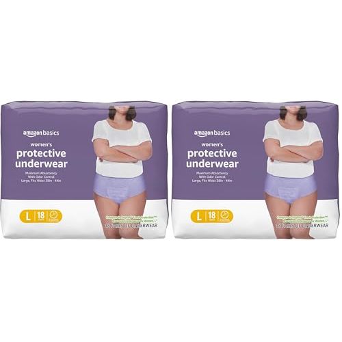 Amazon Basics Postpartum Incontinence Underwear for Women, Maximum Absorbency with Bladder Leak Protection, Fresh Protection, Disposable, Large, Lavender, 18 Count (Pack of 2)