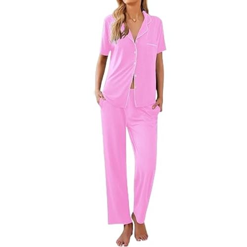 Ekouaer Womens Pajamas Set Short Sleeve Button Down Top & Pants Lounge Pjs | Soft Sleepwear with long pants, ideal for Home relaxation, Wedding, Party, Daily Wear & Breastfeeding