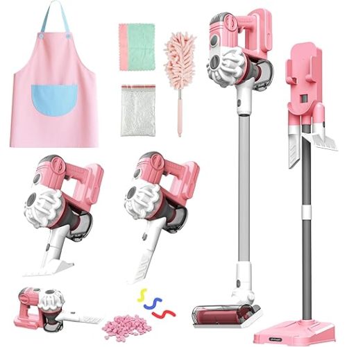 SMILESSKIDDO 3-in-1 Kids Vacuum That Really Works - Toy Vacuum Includes 3 Nozzles, Apron, Cleaning Cloth, Duster & Colorful Beads, Pretend Play Housekeeping Toys (Pink)