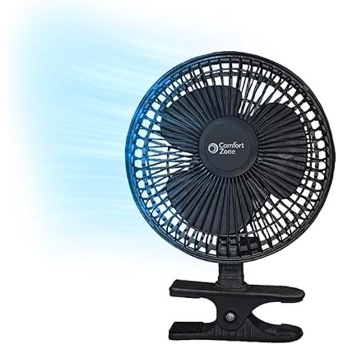 Comfort Zone Portable Clip on Stroller Fan, 6 inch with Fully Adjustable Tilt, Quiet 2 Speed Bedside Fan, Mini Desk Fan, Table Fan, Easily Clip on to Desk, Stroller or Bedroom Nightstand, Black