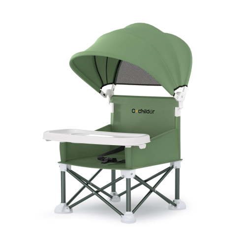 Cochildor 4-in-1 Portable Booster Seat with Tray, Removable Canopy & Carry Bag – for Indoor Outdoor Use, Ages 6-36 Months, Up to 37 lbs, Green