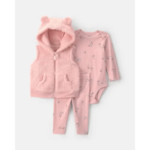 Baby Girl 3-Piece Bear Teddy Fleece Long-Sleeve Layering Set - Pink | Carter's