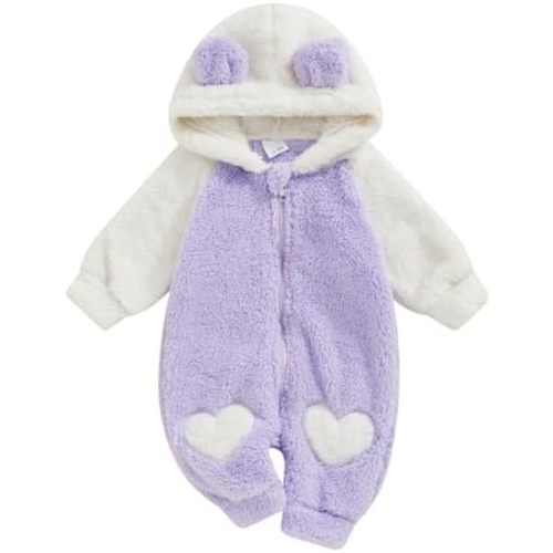 Newborn Baby Boy Girl Hooded Fleece Lined Romper Animal Bear Long Sleeves Hood Zipper Closure Infant One Piece Jumpsuit