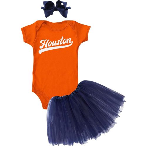 Houston - Baseball Jersey Style Script Baby Bodysuit + Tutu Skirt + Bow Headband Set