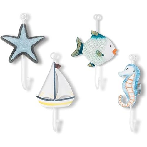 Set of 4 Beach Towel Hanger Nautical Hooks for Wall Bathroom Coastal Decorative Starfish Sailboat Fish Seahorse Holders and Rack for Coat Clothes for Key Purse