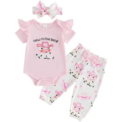 Bagilaanoe Newborn Infant Baby Girl Clothes Summer Western Outfit Ruffle Short Sleeve Romper Pants Headband Set