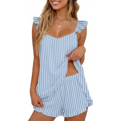 Ekouaer Pajamas for Women set 2 Piece Ruffle Tank Top Split Leg Cami Shorts