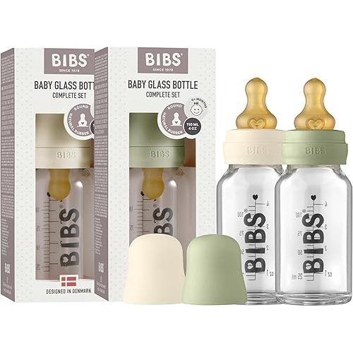 Bibs Baby Glass Bottle | Newborn Anti-Colic Baby Bottles | Borosilicate Glass with a Natural Vented Round Natural Rubber Latex Nipple | Consistent Flow Rate | 3.7 oz/110 ml | 2 Pack | Ivory/Sage