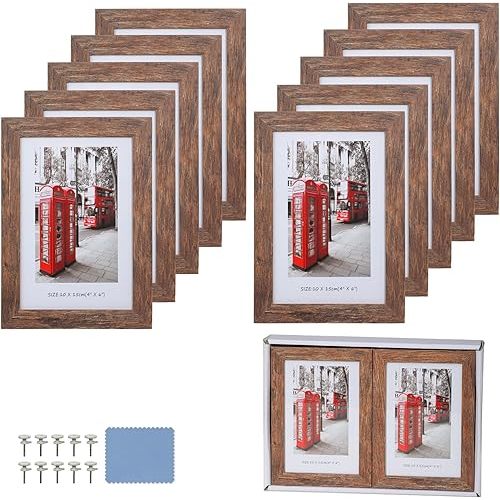 4x6 Picture Frames Set of 10, Wooden Picture Frame Set with Display Box, Rustic Style Antique Brown Wood Grain Photo Frame Suitable For Desktop Display and Wall Decoration.