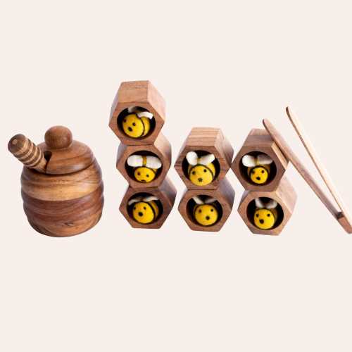 Montessori Beehive Toy | Acacia Wood Sorting & Fine Motor Toy for Toddlers | Felt Bees | Ages 3+