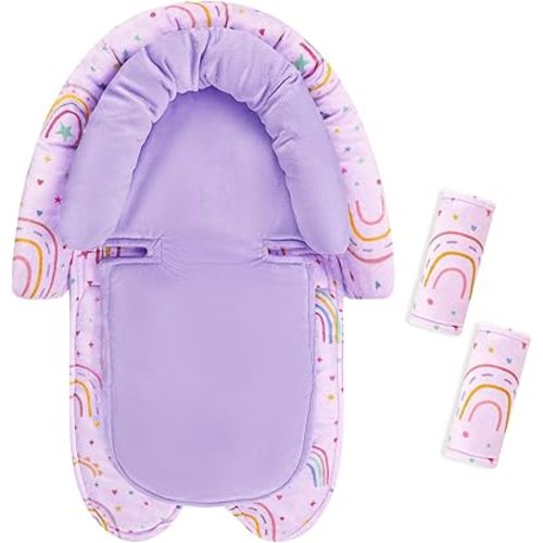 Infant Car Seat Insert with 2 Strap Pads, Carseat Cushion Baby Boy & Girl, Soft and Comfortable Carseat Head Support for Newborn, Purple Rainbow