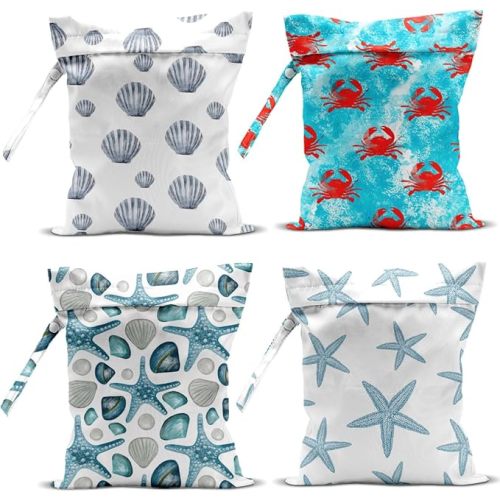 4Pcs Waterproof Wet Bag for Swimsuit, Travel Beach Wet Dry Bag, Hidden Zipper Reusable Shell Starfish Crab Decor, for Travel Beach Wet Swimsuits Toiletries Diapers Laundry Bag