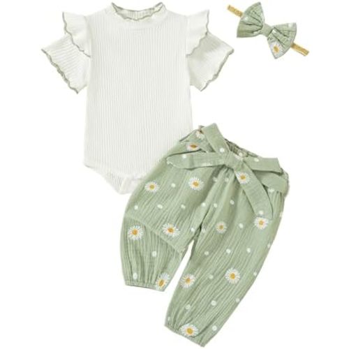 SUNNY PIGGY Baby Girl Clothes Infant Spring Summer Outfits 3Pcs Short Sleeve Ruffle Cute Newborn Romper for 0-18 Months