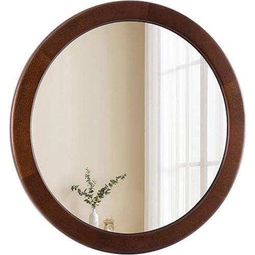 CULER Round Wood Mirror 24 Inch,Circle Mirror with Walnut Frame for Wall,Rustic Decorative Round Wall Mirror for Bathroom Bedroom Entryway（Walnut Brown）