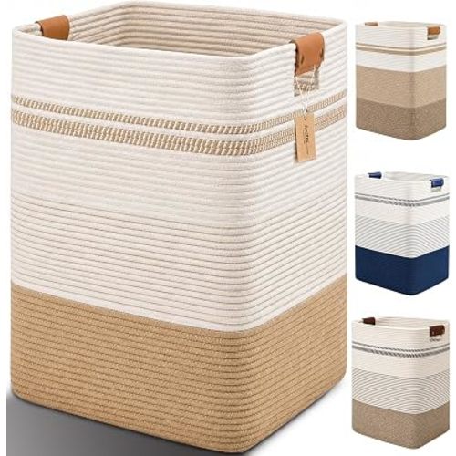 Laundry Hamper, Cotton Rope Laundry Basket with Leather Handles, 21.1-Gallon/80 L Large Clothes Hampers for Laundry, Woven Laundry Baskets for Blankets, Clothing, Bedroom, Living Room, Nursery