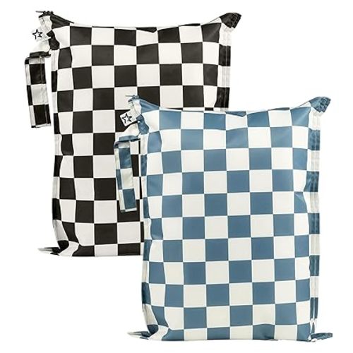 Tiny Twinkle Mess Proof Wet Bags | 2-Pack Reusable Waterproof Wet Bags for Swimsuits | Baby Clothes | Travel & Diaper Bag (Blue, Black Checkers)