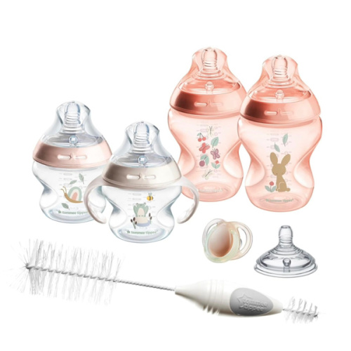 Tommee Tippee Natural Start 8 Piece BPA Free Bottle Set, Includes 2 x 5 oz & 2 x 9 oz Bottles, 1 x Medium Flow Nipple, 1 x 0-6m Pacifier, 1 x Removable Bottle Handle, 1 x Cleaning Brush, Pink