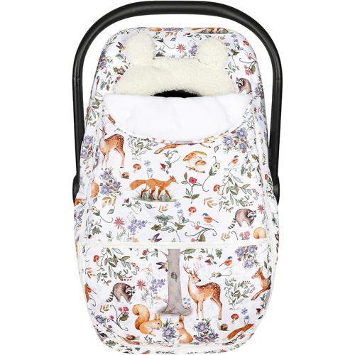Winter Car Seat Cover Baby Girl Boy, Warm & Windproof Infant Carseat Cover Canopy Protect Baby from Cold Weather, Plush Fleece, Woodland Animals