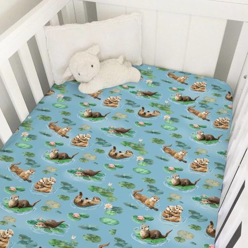 Cute Sea Otters Baby Crib Sheet - 52''x28'' Animal Snug Fitted Crib Mattress Cover for Boy & Girl - Watercolor Otters Pond Painting Soft Baby Bed Sheets for Standard Crib and Toddler Mattresses