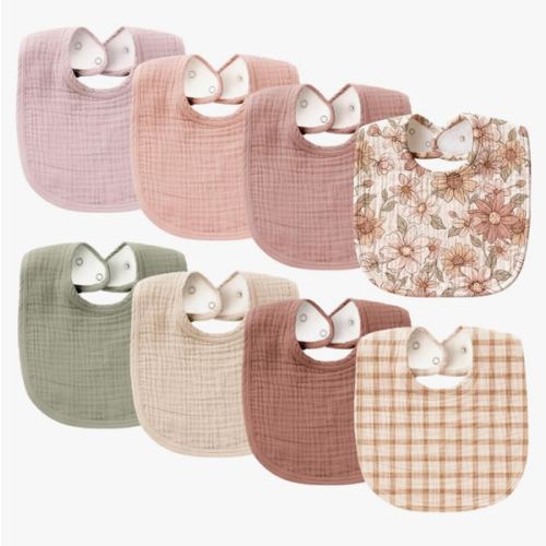 Konssy 8-Pack Muslin Baby Bibs, Adjustable Fit for Drooling and Teething | Soft Absorbent, Drool Bibs for Baby Boys Girls, Cotton Front with Fleece Backing, Newborn to Toddler 0-36M