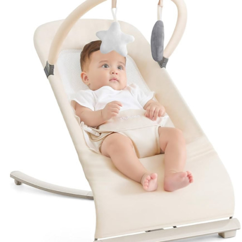 3-in-1 Portable Baby Bouncer & Rocker Chair for Newborn to Toddler - 4 Adjustable Recline Positions, Breathable Cotton Fabric, Natural Vibration, Supports Up to 33 lbs (Oatmeal Khaki)
