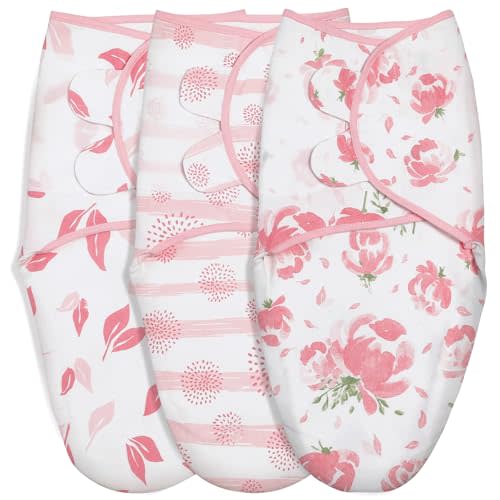 GLLQUEN BABY Girl Swaddles 0-3 Months - 3 Pack Baby Swaddles Sack for Newborn, Infant Sleep Sack, Easy Swaddling Wrap, A Pink Floral, Nursery Swaddle Blankets Essentials