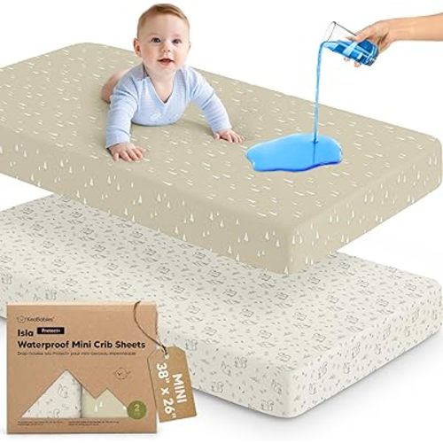 2-Pack Waterproof Pack and Play Sheets, Mini Crib Sheets Fitted for Boy, Girl - 38 x 26 Viscose from Bamboo Pack N Play Mattress Sheets for Graco, Toddler Playard Baby Crib Sheets Neutral(Pine Grove)